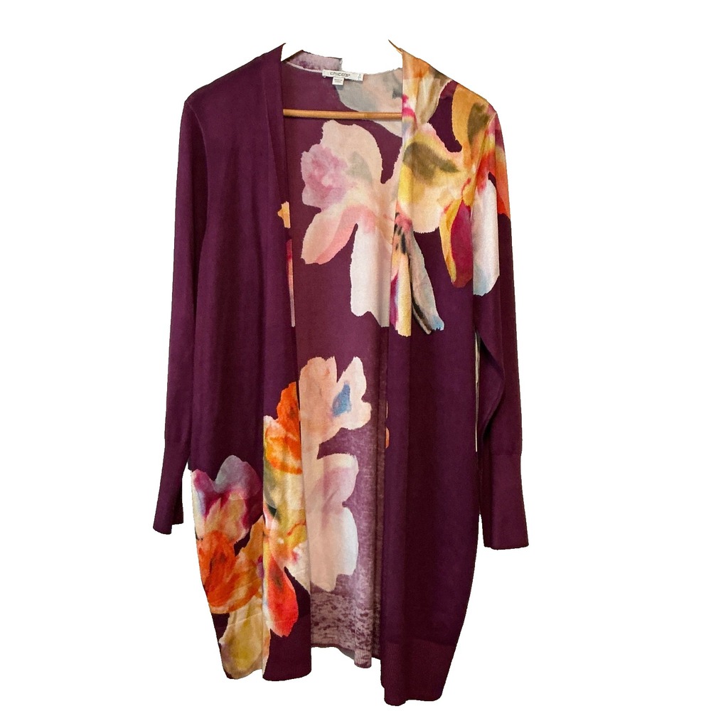 Chico's Floral Duster Cardigan Plum Rayon Blend Long Sleeve Open Front 2 Lg NWT